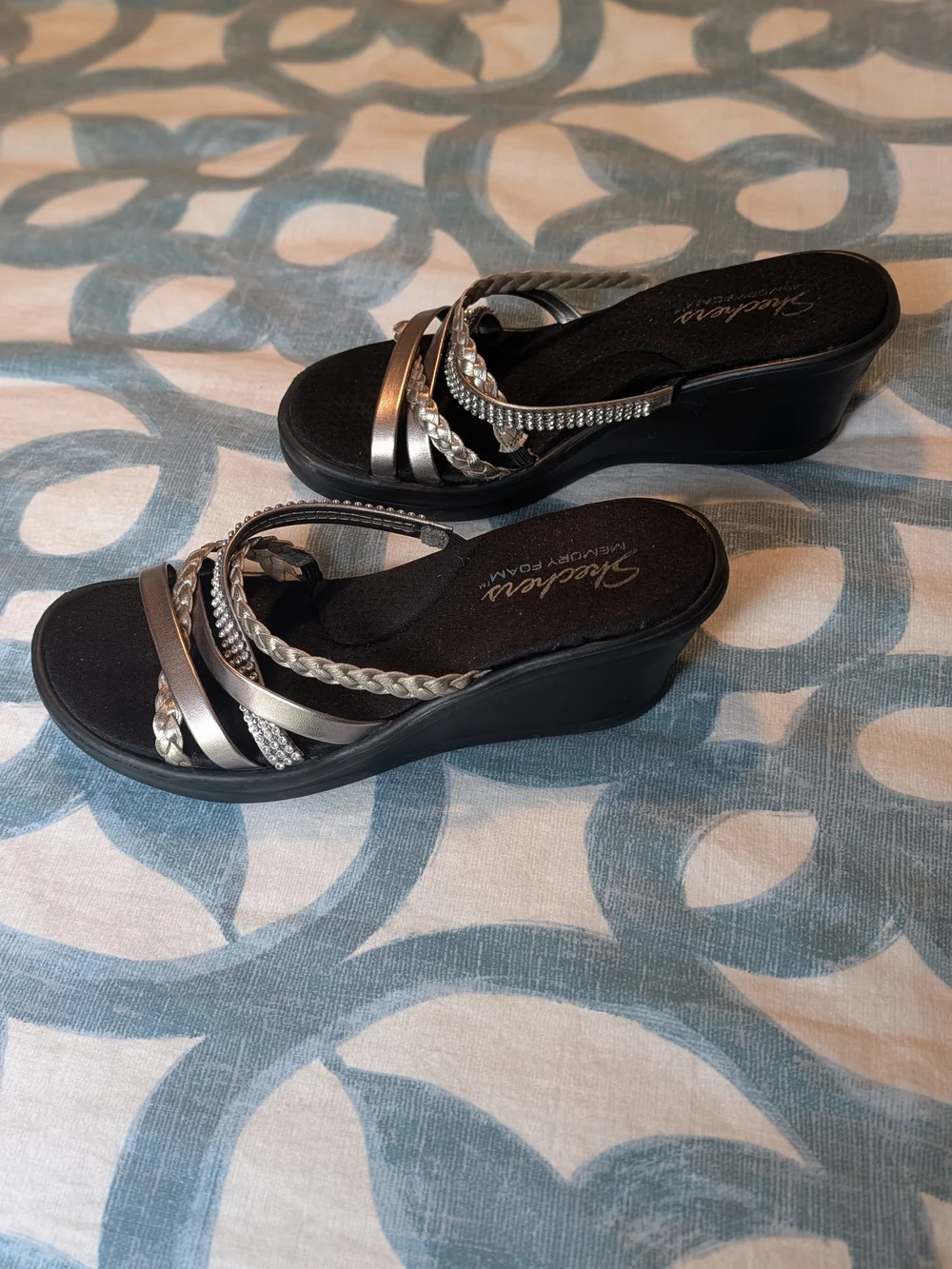 Skechers Black Wedge Sandals with Silver Straps